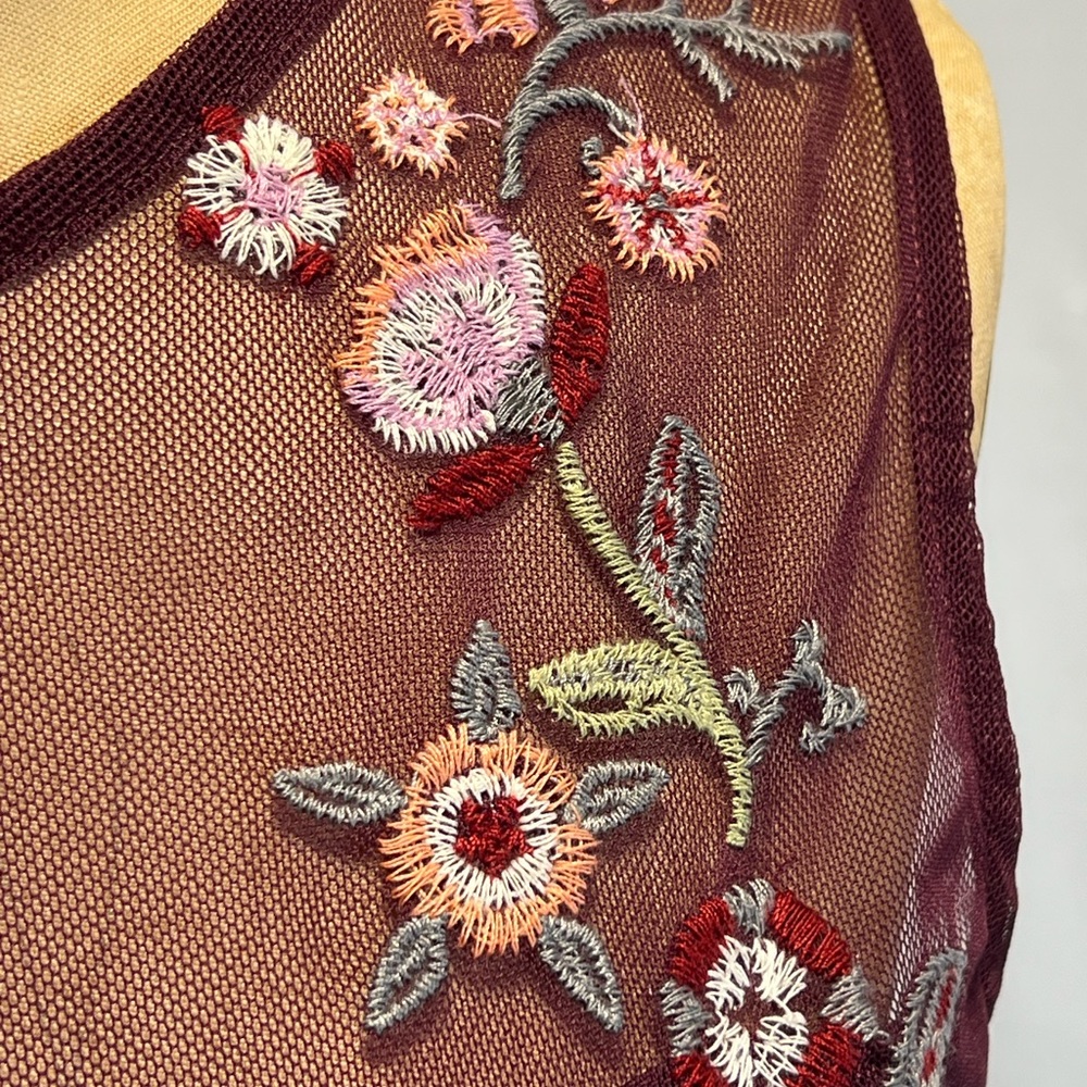 Woodland wildflower embroidered floral midi dress sheer earthy burgundy wine y2k - Picture 6 of 14